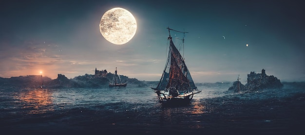 Espectacular ilustración 3D de arte digital de un velero de fantasía medieval