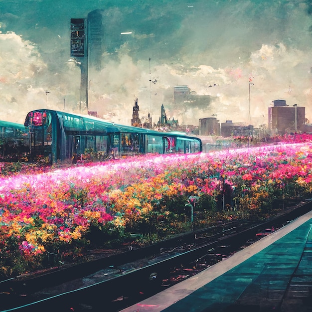 Espectacular jardín de flores en una ciudad futurista cyberpunk Ilustración digital 3D