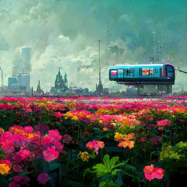 Espectacular jardín de flores en la futurística ciudad cyberpunk Ilustración digital en 3D