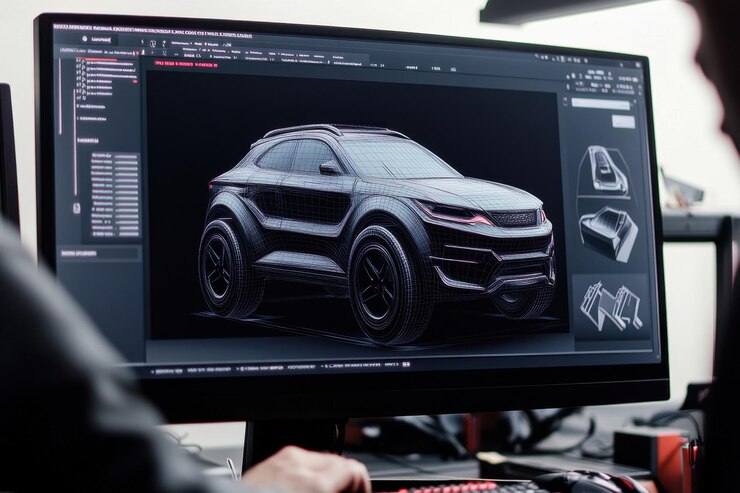 Foto espectacular modelo de coche en un escritorio de oficina con configuración de computadora