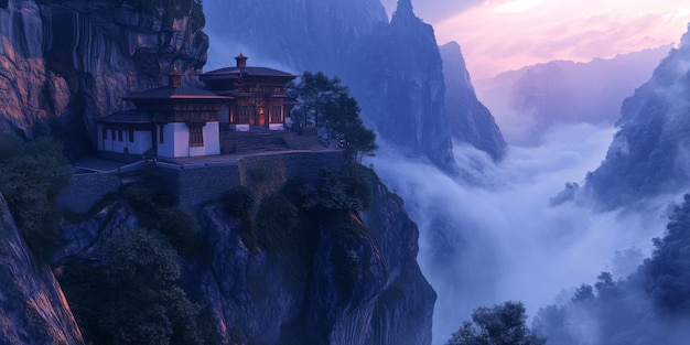 Un espectacular monasterio a orillas de un acantilado situado en un alto pico con niebla rodando a través del valle de abajo