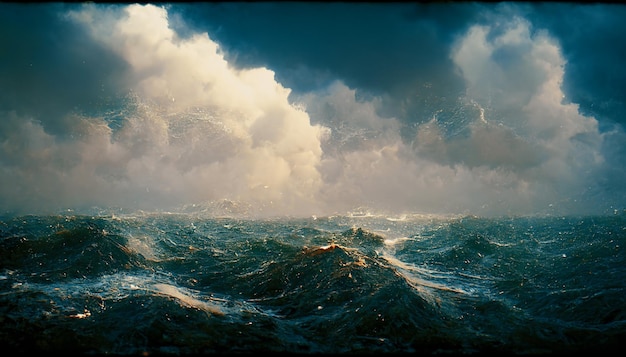 Espectacular oceano tempestuoso com onda violenta ilustração de arte digital 3D