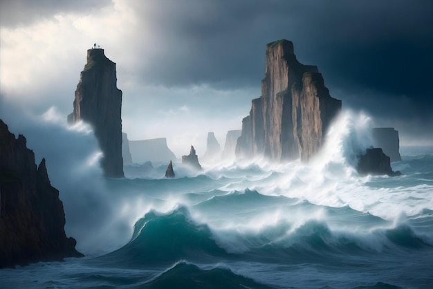 Un espectacular paisaje marino con imponentes acantilados que se encuentran con las olas de un océano tumultuoso envuelto en