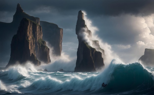 Un espectacular paisaje marino con imponentes acantilados que se encuentran con las olas de un océano tumultuoso envuelto en