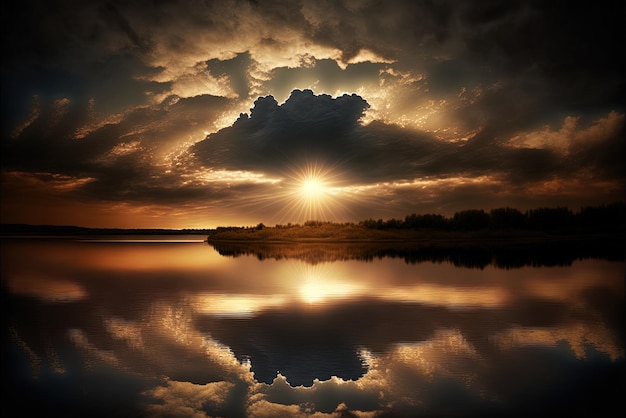 espectacular paisaje de nubes y luz cerca de un lago