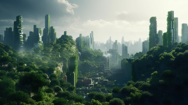 Espectacular paisaje urbano ecofuturista con exuberante vegetación