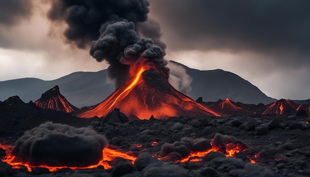 Un espectacular paisaje volcánico con flujos de lava derretida rocas oscurecidas y humo ondulante