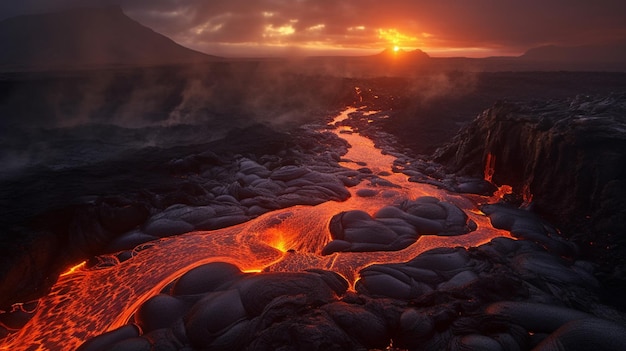 Un espectacular paisaje volcánico con lava fluyendo