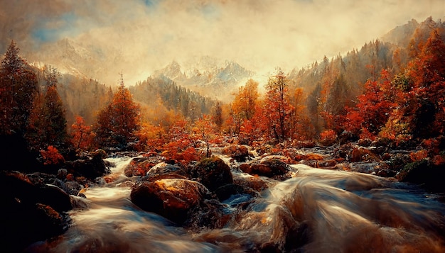 Espectacular panorama del bosque otoñal con una cadena montañosa en la distancia hojas de color naranja brillante en el suelo del bosque y un arroyo apresurado bordeado por bosques Arte digital Ilustración 3D