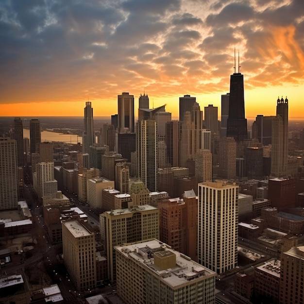 Espectacular puesta de sol en el centro de la ciudad de Chicago