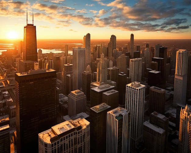 Espectacular puesta de sol en el centro de la ciudad de Chicago