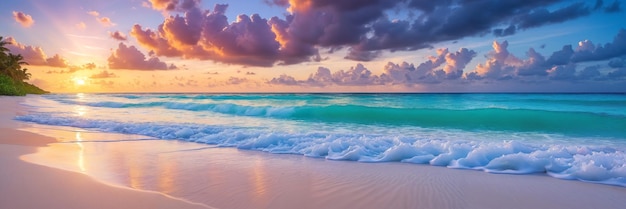 Espectacular puesta de sol, horizonte, playa pintoresca, olas onduladas y atmósfera tranquila, un entorno idílico para relajarse y disfrutar de la naturaleza.