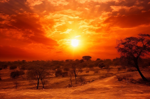 Una espectacular puesta de sol que arroja un cálido resplandor sobre los campos de girasoles