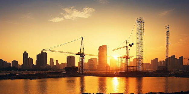Espectacular puesta de sol Rascacielos Progreso e industria en el sitio de construcción urbana Generado por IA