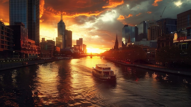 Espectacular puesta de sol en el río Yarra en el centro de Melbourne Una noche de verano en Australia