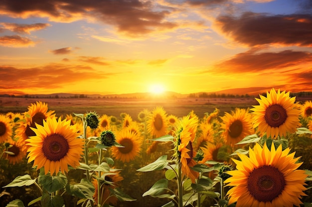 Espectacular puesta de sol sobre un campo de girasoles