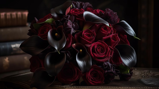 Un espectacular ramo de rosas de color rojo oscuro y alcatraces negros generados por IA