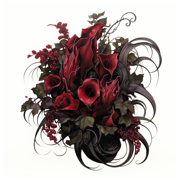 Un espectacular ramo de rosas rojas oscuras acentuadas con lirios de calla negros y hiedra en cascada