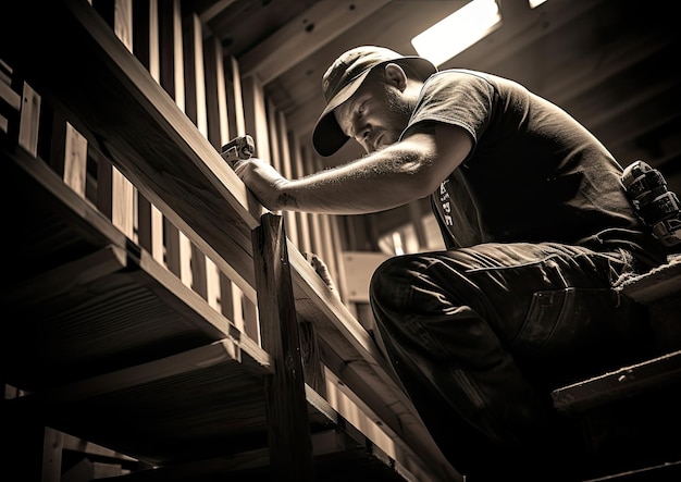 Una espectacular toma en ángulo bajo de un carpintero trabajando en una escalera de madera. La cámara está colocada.