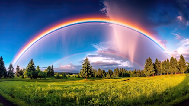 Espectacular y vibrante arco iris doble que adorna los cielos, un espectáculo fascinante que forma un arco radiante de colores que evoca una sensación de encanto y asombro Generado por IA
