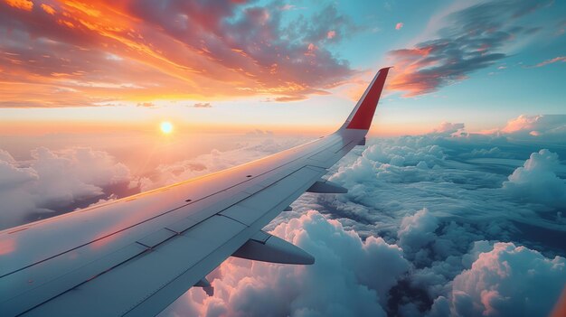Espectacular vista de la puesta de sol sobre las nubes vista desde el ala del avión durante el vuelo
