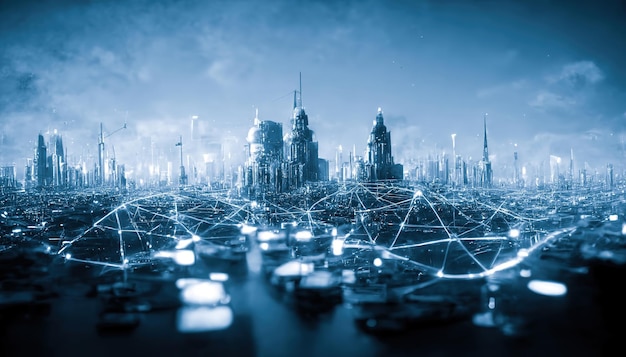 Espectaculares cables de red en ciudad futurista Ilustración 3D de arte digital