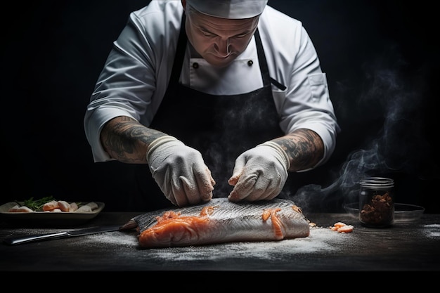 Foto espectaculares delicias de pescado elaboradas por un chef michelin en un entorno con poca luz