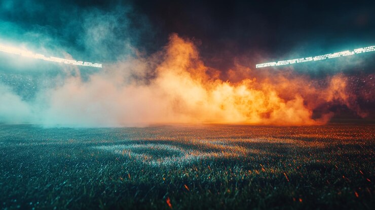 Espectaculares efectos de luz y humo iluminan el escenario de un estadio durante un evento nocturno