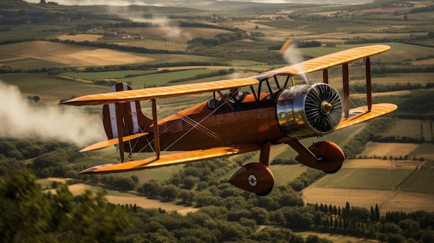 espectáculo aéreo de los años veinte biplano vuela sobre el paisaje pilotos acto atrevido