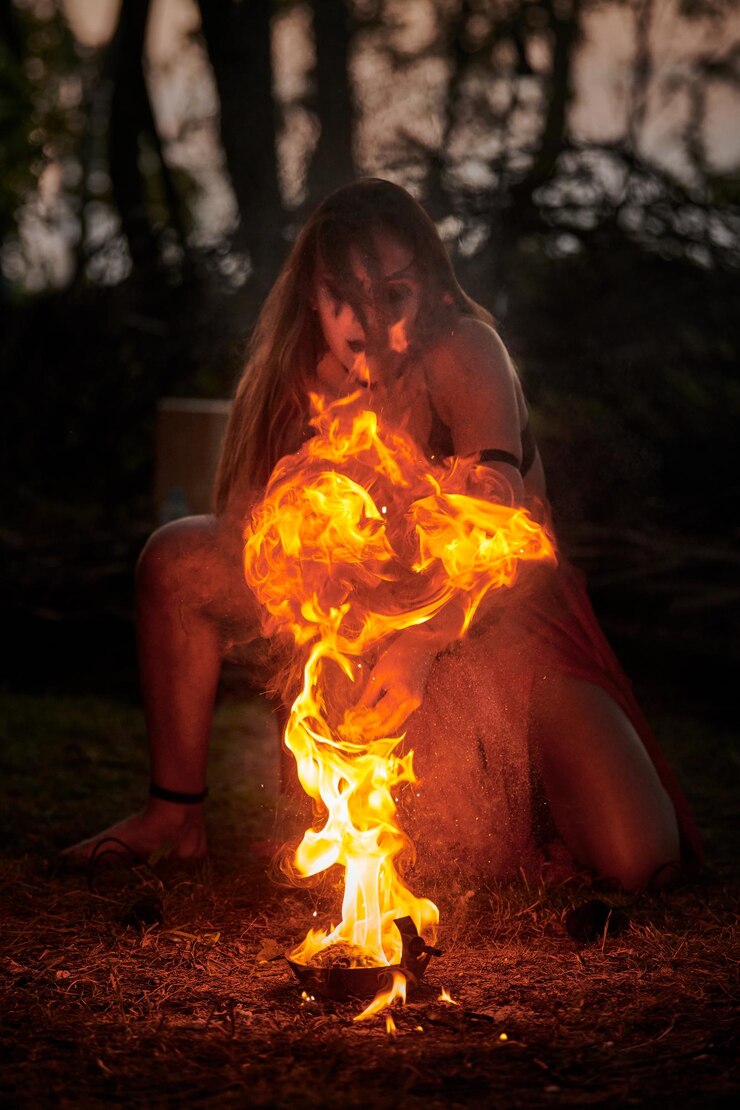 Espectáculo de baile de fuego de niña en el festival de arte al aire libre movimientos suaves de artista femenina