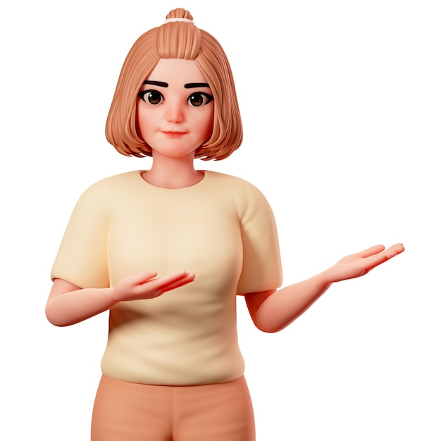 Espectáculo de chica casual Presentando gesto en el lado derecho Usando ambas manos Ilustración de representación de personajes 3D