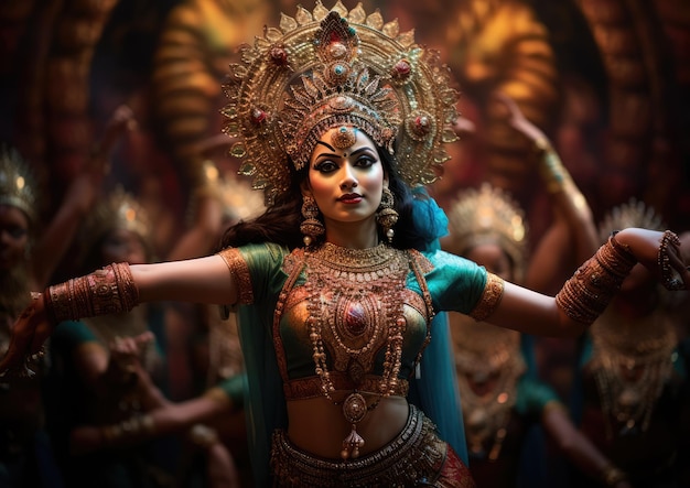 Un espectáculo de danza clásica tradicional india con el bailarín adornado con intrincadas joyas y