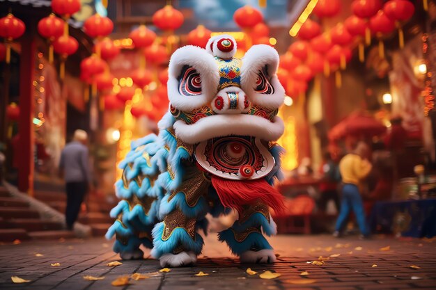 Foto espectáculo de danza del dragón o el león barongsai en la celebración del año nuevo lunar chino festival tradicional asiático