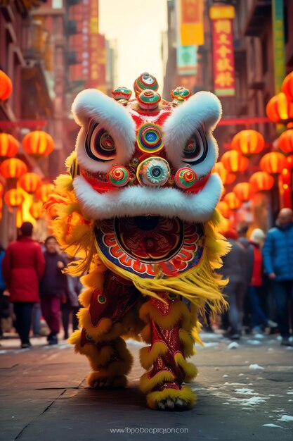 Foto espectáculo de danza del dragón o el león barongsai en la celebración del año nuevo lunar chino festival tradicional asiático