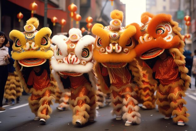 espectáculo de danza del dragón o el león barongsai en la celebración del año nuevo lunar chino festival tradicional asiático