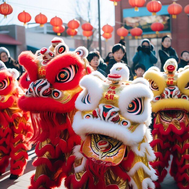 Foto espectáculo de danza del dragón o el león barongsai en la celebración del año nuevo lunar chino festival tradicional asiático