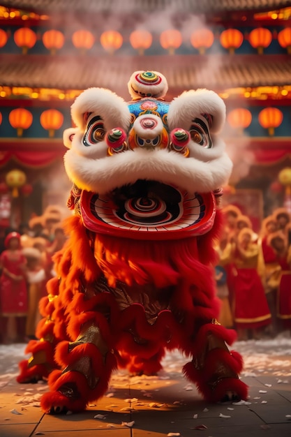 espectáculo de danza del dragón o el león barongsai en la celebración del año nuevo lunar chino festival tradicional asiático