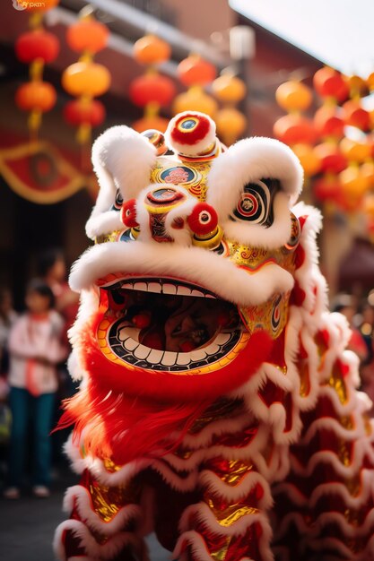 espectáculo de danza del dragón o el león barongsai en la celebración del año nuevo lunar chino festival tradicional asiático