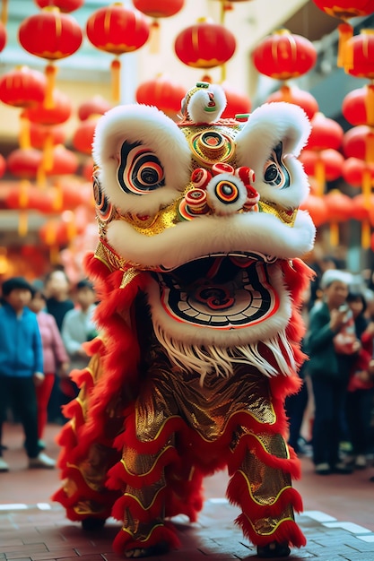 espectáculo de danza del dragón o el león barongsai en la celebración del año nuevo lunar chino festival tradicional asiático