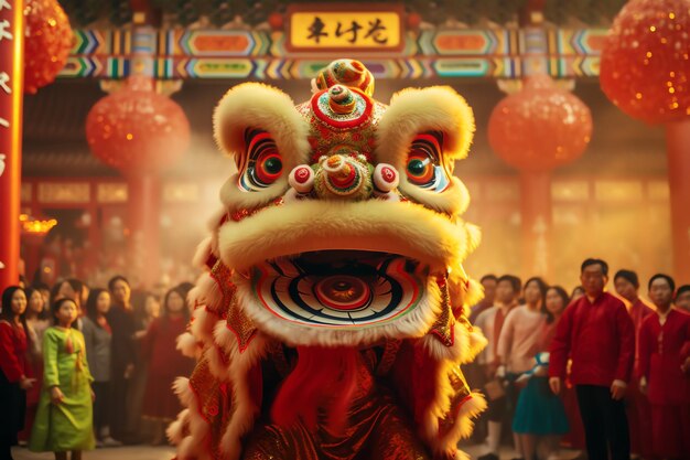 Foto espectáculo de danza del dragón o el león barongsai en la celebración del año nuevo lunar chino festival tradicional asiático