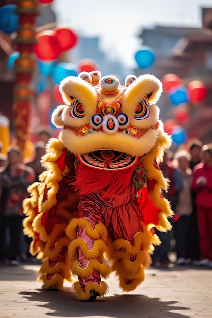 espectáculo de danza del dragón o el león barongsai en la celebración del año nuevo lunar chino festival tradicional asiático