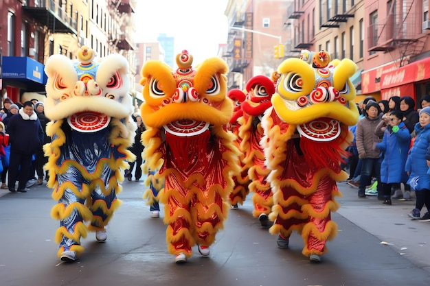 espectáculo de danza del dragón o el león barongsai en la celebración del año nuevo lunar chino festival tradicional asiático