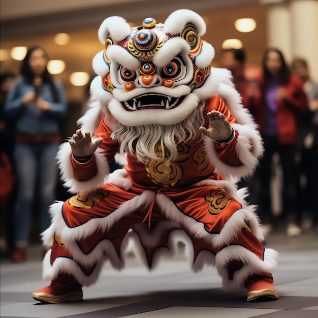 Espectáculo de danza del dragón o león barongsai en celebración del festival del año nuevo lunar chino tradicional asiático