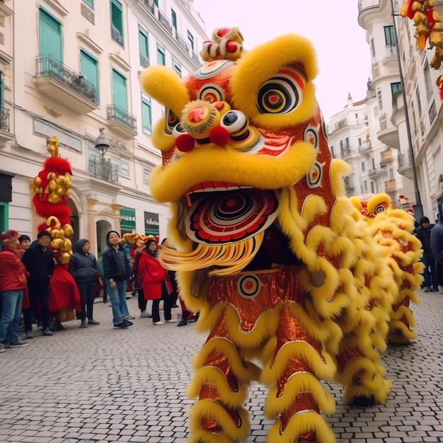 Espectáculo de danza del dragón o león barongsai en celebración del festival del año nuevo lunar chino tradicional asiático