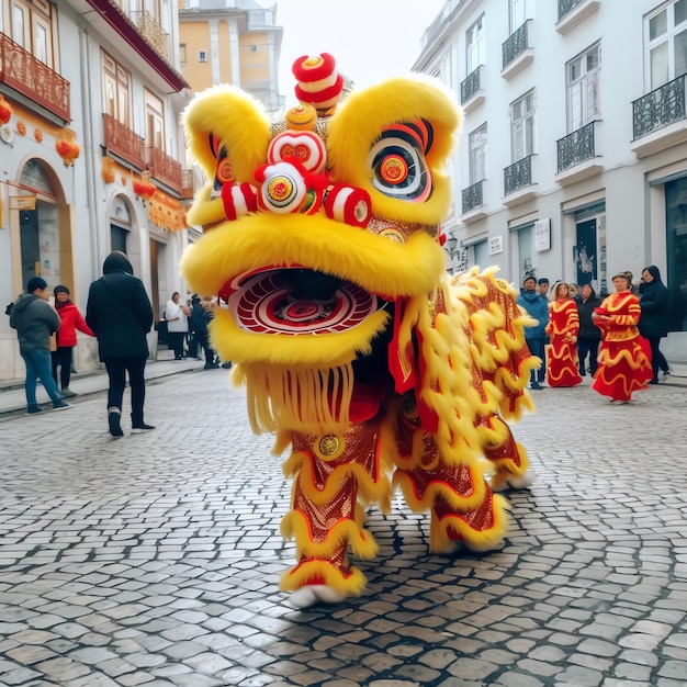 Espectáculo de danza del dragón o león barongsai en celebración del festival del año nuevo lunar chino tradicional asiático