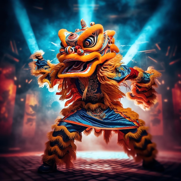 Foto espectáculo de danza del dragón o león barongsai en celebración del festival del año nuevo lunar chino tradicional asiático