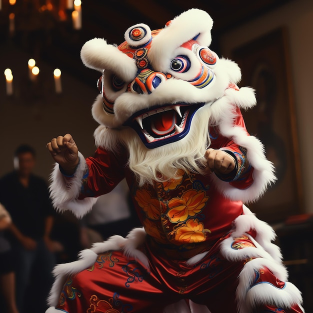 Espectáculo de danza del dragón o león barongsai en celebración del festival del año nuevo lunar chino tradicional asiático