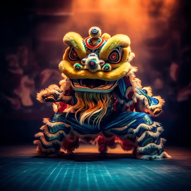 Espectáculo de danza del dragón o león barongsai en celebración del festival del año nuevo lunar chino tradicional asiático