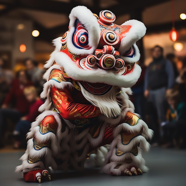 Espectáculo de danza del dragón o león barongsai en celebración del festival del año nuevo lunar chino tradicional asiático