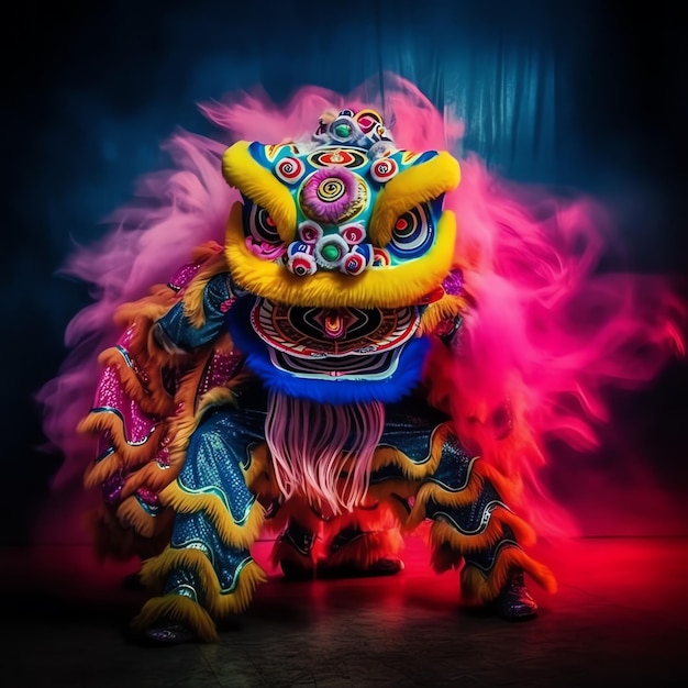 Espectáculo de danza del dragón o león barongsai en celebración del festival del año nuevo lunar chino tradicional asiático